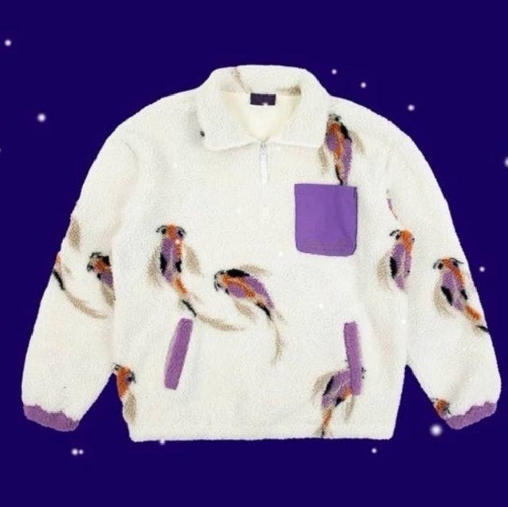 Taylor Swift Cream Sherpa Jacket with Purple Accents and Koi Print